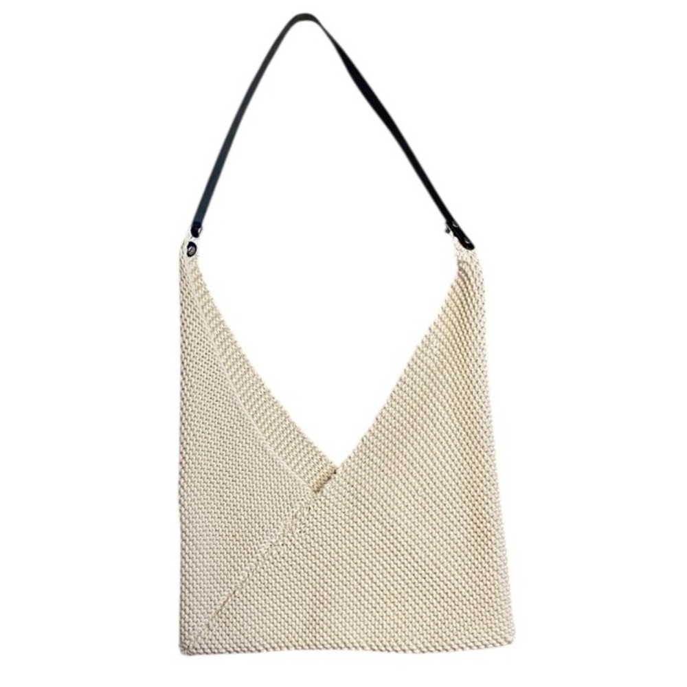 Cream Hand Knit Cross Body Shoulder Bag Leather Strap